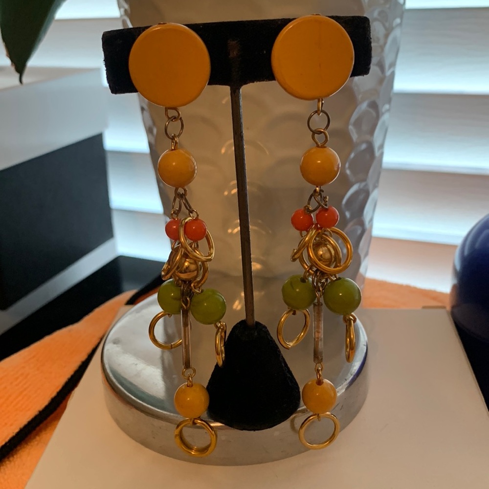 Long Wood Multicolor Dangle  Clip On Earrings
